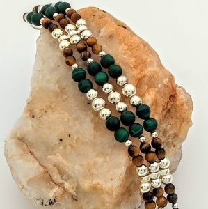 Sterling Silver 3 strand Malachite and Tiger eye